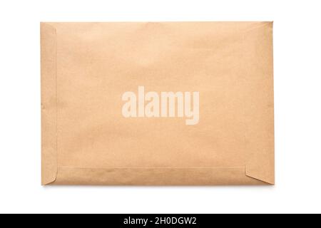 Envelope mockup, blank paper envelope isolated on white. Cardboard bag, package top view, space for text Stock Photo