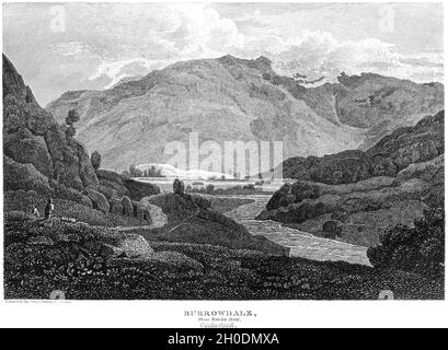 An engraving of Burrowdale (Borrowdale) from Bowder Stone, Cumberland UK scanned at high resolution from a book printed in 1812. Copyright free. Stock Photo