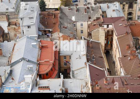Aerial view of the rooftops in old town Lviv, Ukraine. Stock Photo