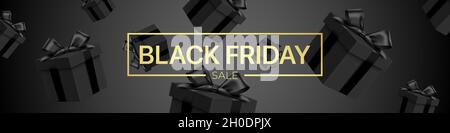 Black Friday sale vector banner, with falling gift boxes and golden lettering. Luxury style dark promotional background with realistic gift boxes pattern. Stock Vector