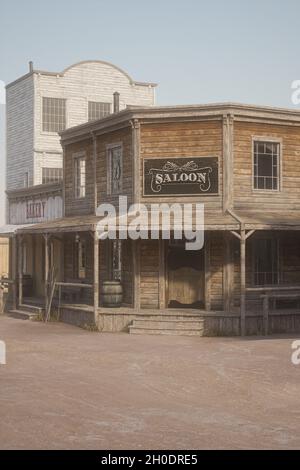 Portrait format 3D illustration of a saloon bar in and old wild west town. Stock Photo