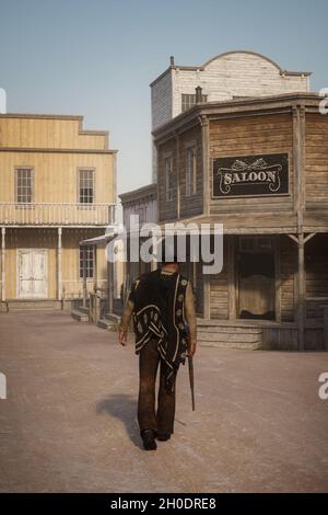 3D illustration of a cowboy or gunman walking towards a saloon with a rifle in his hand in an old wild west town. Stock Photo