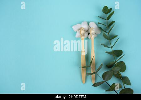 Bamboo toothbrushes with a sprig of eucalyptus and white stones on a mint background. Freshness and hygiene concept. Copy space Stock Photo