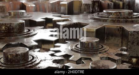 engine gears wheels close up with metal and rust surface 3d render illustration Stock Photo