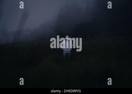 One mysterious man wearing a white hoodie in dark foggy forest Stock Photo