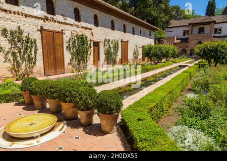 Granada, Spain - August 12, 2021: General view of The Generalife courtyard, with its famous fountain and garden. Alhambra de Granada complex Stock Photo