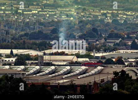 Glasgow, Scotland, UK 12th October, 2021. Car fire on m8 near braehead  at 3.30 pm seen from 3 miles away. Credit  Gerard Ferry/Alamy Live News Stock Photo