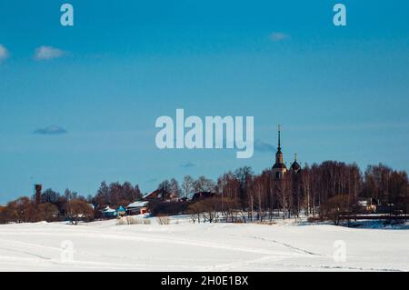 Beautiful view of Kalyazin in snowy winter. Stock Photo