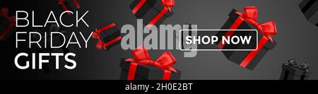 Black Friday gifts online shopping banner, with shop now button. Holiday shopping dark vector background with falling gift boxes, with red and black ribbons. Stock Vector