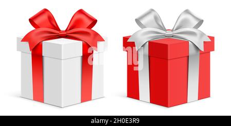 Vector set of white and red gift boxes with ribbons. Realistic 3D giftbox, isolated on background. Stock Vector