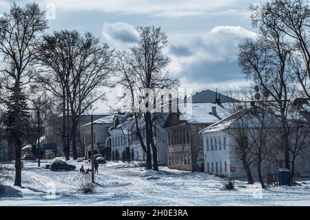Beautiful view of Kalyazin in snowy winter. Stock Photo
