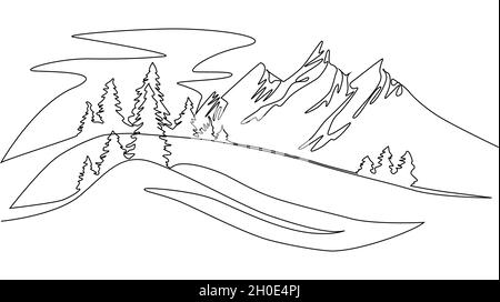 Continuous line drawing landscape, mountains and Christmas trees, winter. Stock Vector