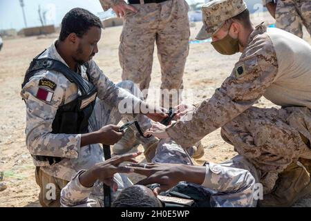 A U.S. Navy Hospital Corpsman with Lima Company, 3rd Battalion, 1st Marines, attached to the Special Purpose Marine Air – Ground Task Force – Crisis Response - Central Command (SPMAGTF-CR-CC) 21.1 instructs a Qatari Marine on how to apply a tourniquet in Qatar, Feb. 07, 2021. The training was part of a subject matter expert exchange to strengthen ties between the two forces. The SPMAGTF-CR-CC is a crisis response force, prepared to deploy a variety of capabilities across the region. Stock Photo