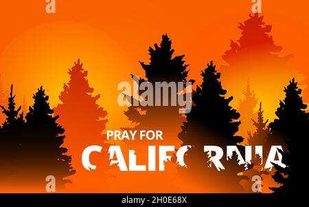 Vector of forest fire in California state, USA. Trees about to burn in red, orange wildfire. Creek fire in the forest. Pray for California Stock Vector