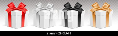 Vector set of white gift boxes with different color ribbons. Realistic 3D giftbox, isolated on transparent background. Stock Vector
