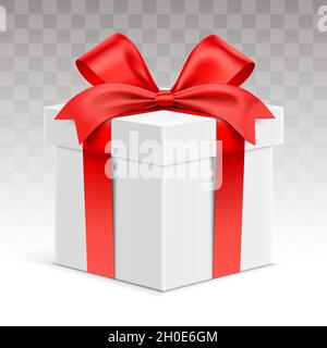White gift box wrapped with red satin ribbon, isolated on transparent background. Realistic giftbox vector illustration. Stock Vector