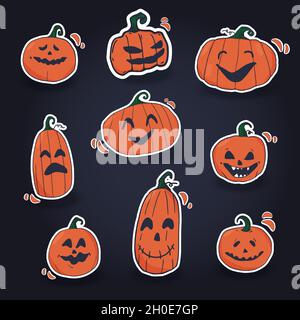 Hand drawn vector set of cute halloween pumpkins with different funny faces sticker. Autumn holidays. Creepy and spooky elements for halloween. Stock Vector