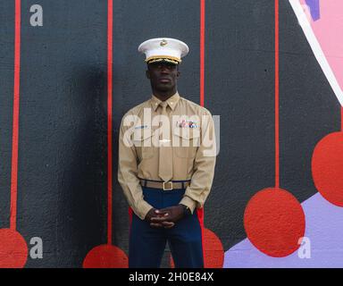 Major Gordon Emmanuel, the commanding officer for Recruiting Station Orange County, poses for a photo in Santa Ana, California on Feb. 21, 2021. In honor of National Black History Month, Maj. Emmanuel discussed his life story and how he got to where he is today as a United States Marine. Stock Photo