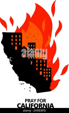 Vector of forest fire in California state, USA. Trees about to burn in red, orange wildfire. Creek fire in the forest. Pray for California Stock Vector