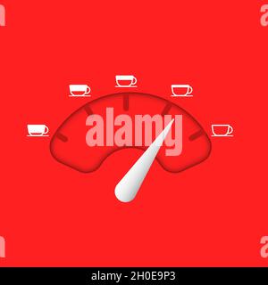 Coffee indicator, scale and arrow with white coffee cup on red ...