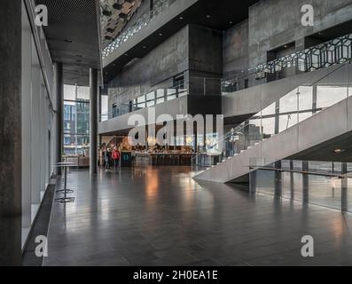 Reykjavik, Iceland – September 22, 2021:  View from the interior of the Harpa Concert Hall and Conference Center Stock Photo