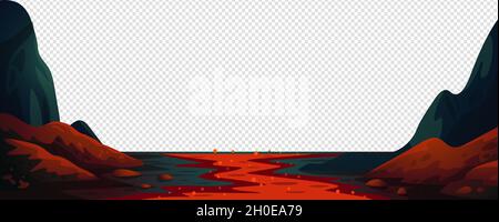 Lava river, fantasy landscape with red fire river. Vector illustration in flat cartoon style Stock Vector