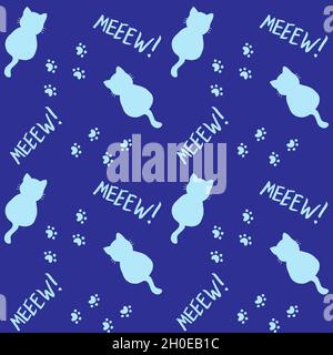 Cute seamless pattern with cats, steps and mew quote. Blue colors. Doodle cartoon style. Modern abstract design for packaging, paper, cover, fabric, c Stock Vector