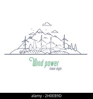 Wind power concept thin line vector illustration. Windmill energy as an alternative electricity resource. Outline style vector illustration on white Stock Vector