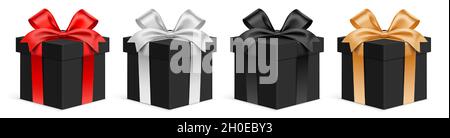Vector set of black gift boxes with different color ribbons. Realistic premium style 3D giftbox, isolated on white background. Stock Vector