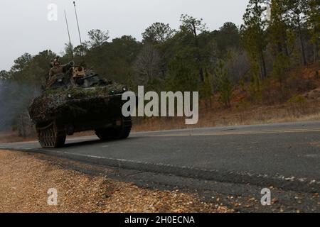 Paratroopers assigned to 5th Squadron, 73rd Cavalry Regiment, 3rd Brigade Combat Team, 82nd Airborne Division react to contact during rotation 21-04 at the Joint Readiness Training Center on Fort Polk La., Feb. 11, 2021. The rotation serves to enhance the brigade and their supporting unit's deployment readiness. Stock Photo