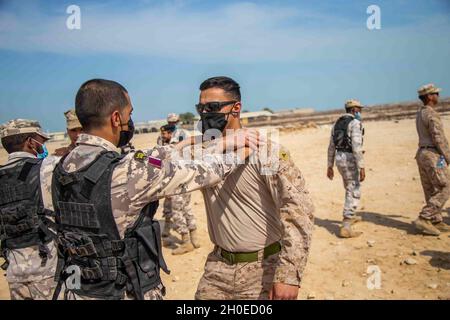 A U.S. Marine with Lima Company, 3rd Battalion, 1st Marines, attached to the Special Purpose Marine Air – Ground Task Force – Crisis Response - Central Command (SPMAGTF-CR-CC) 21.1 instructs a Qatari Marine in detainee handling procedures in Qatar, Feb. 10, 2021. The training was part of a subject matter expert exchange to strengthen ties between the two forces. The SPMAGTF-CR-CC is a crisis response force, prepared to deploy a variety of capabilities across the region. Stock Photo