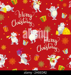 Seamless pattern with cute mouses and Christmas elements isolated on red background. Vector illustration. For design, print, decor, wallpaper, linen, Stock Vector
