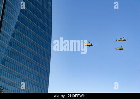 The aircraft of the Spanish Air Force participate in the air parade for the National Day of October 12. In Europe. Helicopters, seaplanes, fighters, a Stock Photo