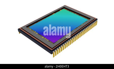 Sensor of modern digital camera. top side view, iridescent matrix surface, isolated on white Stock Photo