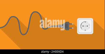 plug with cable and socket on orange wall, vector illustration Stock Vector