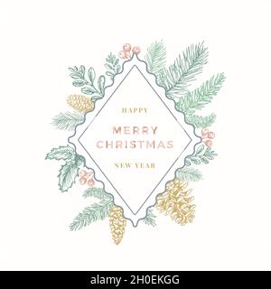 Christmas Colorful Abstract Botanical Greetings Label with Rhombus Pine Spruce Frame Banner and Modern Typography. Pastel Colors Winter Holidays Stock Vector