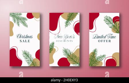 Christmas and New Year Trendy Editable Templates Set. Abstract Shapes and Hand Drawn Pine Spruce Branches for Social Networks Stories. Social Media Stock Vector
