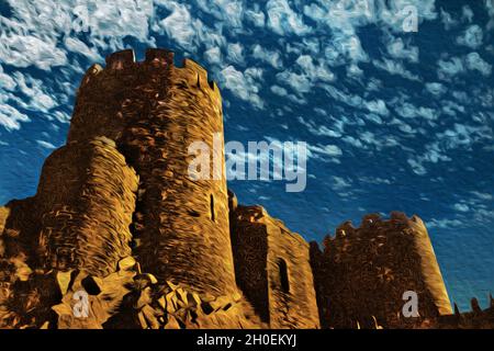 Towers and stone outer walls with merlons at the Conwy Castle. A historic town with well preserved medieval castle in Wales. Oil paint filter. Stock Photo