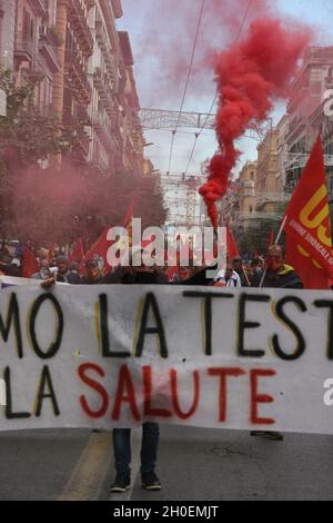 Napoli, Italy. 11th Oct, 2021. Protest of the COBAS and USB unions in Naples, Italy to protest with a march through the city streets on October 11, 2021. (Photo by Salvatore Esposito/Pacific Press/Sipa USA) Credit: Sipa USA/Alamy Live News Stock Photo