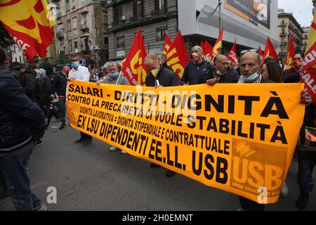 Napoli, Italy. 11th Oct, 2021. Protest of the COBAS and USB unions in Naples, Italy to protest with a march through the city streets on October 11, 2021. (Photo by Salvatore Esposito/Pacific Press/Sipa USA) Credit: Sipa USA/Alamy Live News Stock Photo