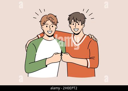 Friendship and positive emotions concept. Two young smiling happy men friends standing pulling fists together as symbol of unity and friendship vector illustration  Stock Vector