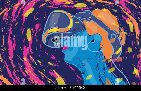 Gamer with virtual reality viewer, simulator device, vector illustration. Stock Vector