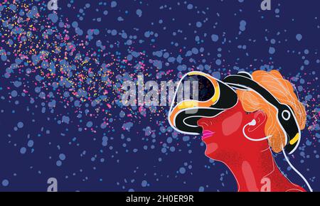 Gamer with virtual reality viewer, simulator device, vector illustration. Stock Vector