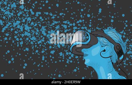 Gamer with virtual reality viewer, simulator device, vector illustration. Stock Vector