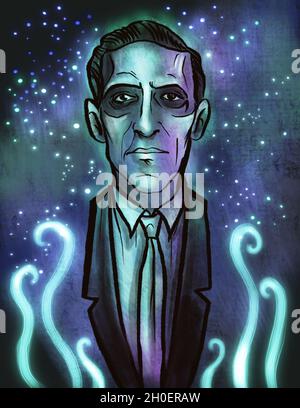 H. P. Lovecraft hand drawn portrait illustration art Stock Photo