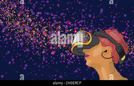 Gamer with virtual reality viewer, simulator device, vector illustration. Stock Vector