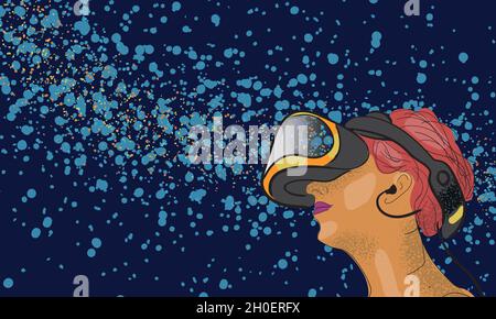 Gamer with virtual reality viewer, simulator device, vector illustration. Stock Vector