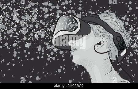 Gamer with virtual reality viewer, simulator device, vector illustration. Stock Vector
