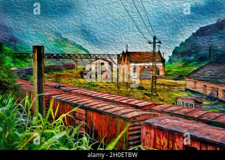 Composition of rusty trains on a disused train station in Paranapiacaba. A small railway village in the brazilian countryside. Oil paint filter. Stock Photo