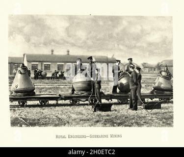Vintage photogrtaph of British army Royal Engineers, Using sea mines, Victorian military weapons 19th Century Stock Photo